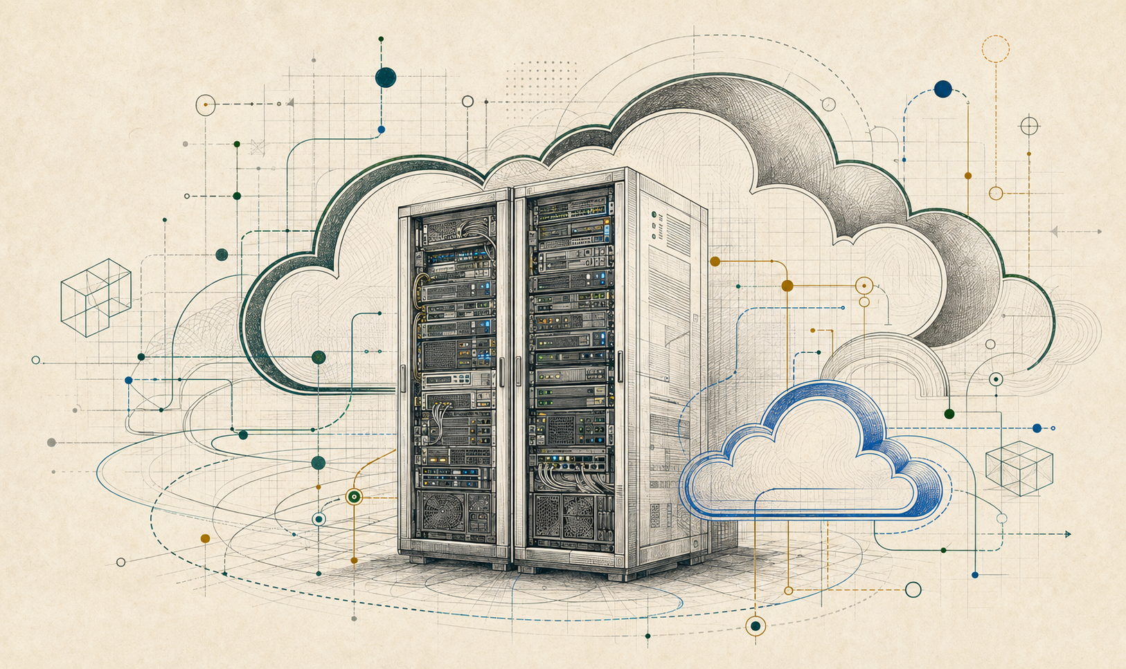 Hand-drawn server racks connected to layered cloud infrastructure